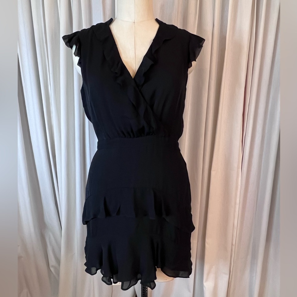 Parker Elegant Black Silk Tiered Ruffled Minidress